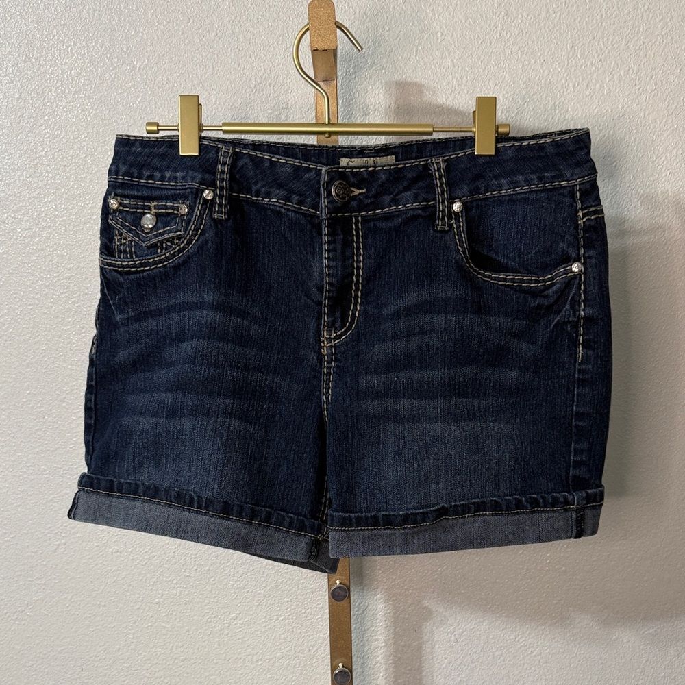 Earl Jean Dark Wash Denim Shorts Size 12 Rhinestone Button Pockets